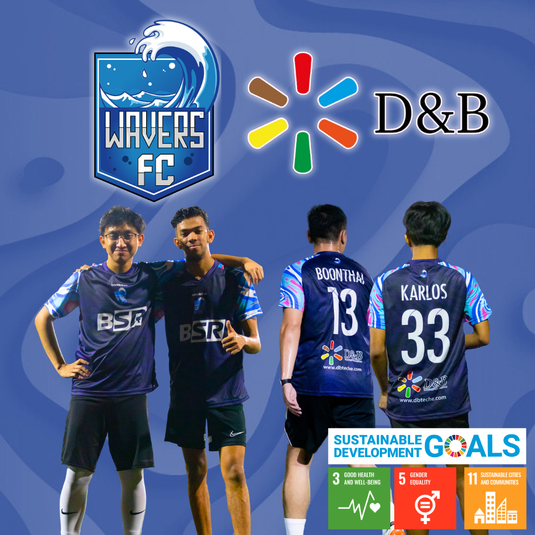 D&B Technology sponsorship of Wavers FC football team featuring players in team jerseys and United Nations Sustainable Development Goals (SDG) 3, 5, and 11 icons.
