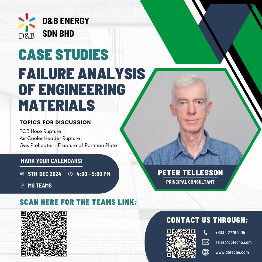 D&B Energy Sdn Bhd webinar poster for Case Studies: Failure Analysis of Engineering Materials featuring Principal Consultant Peter Tellesson.