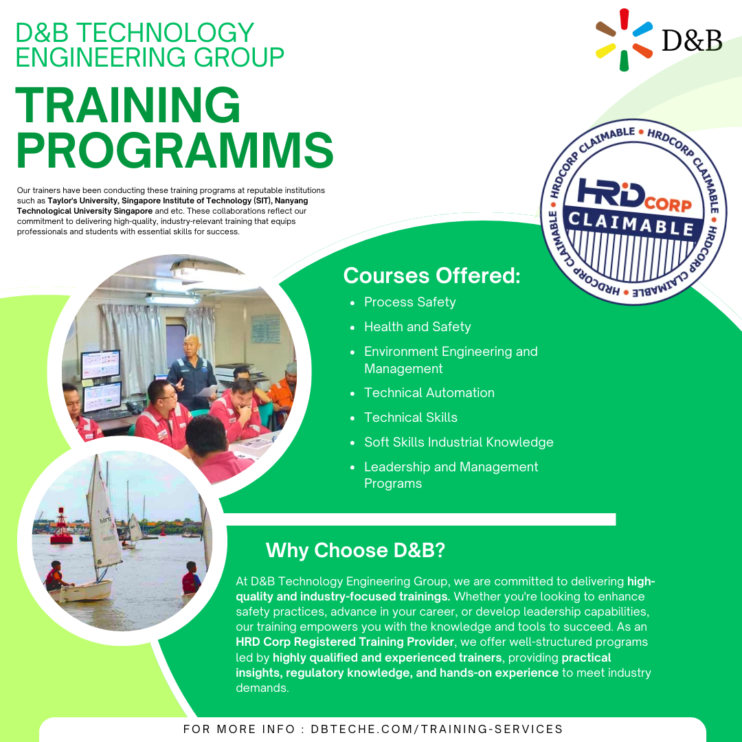 Promotional flyer for D&B Technology Engineering Group's training programs, featuring images of a training session and sailboats, and listing courses like Process Safety and Technical Skills.