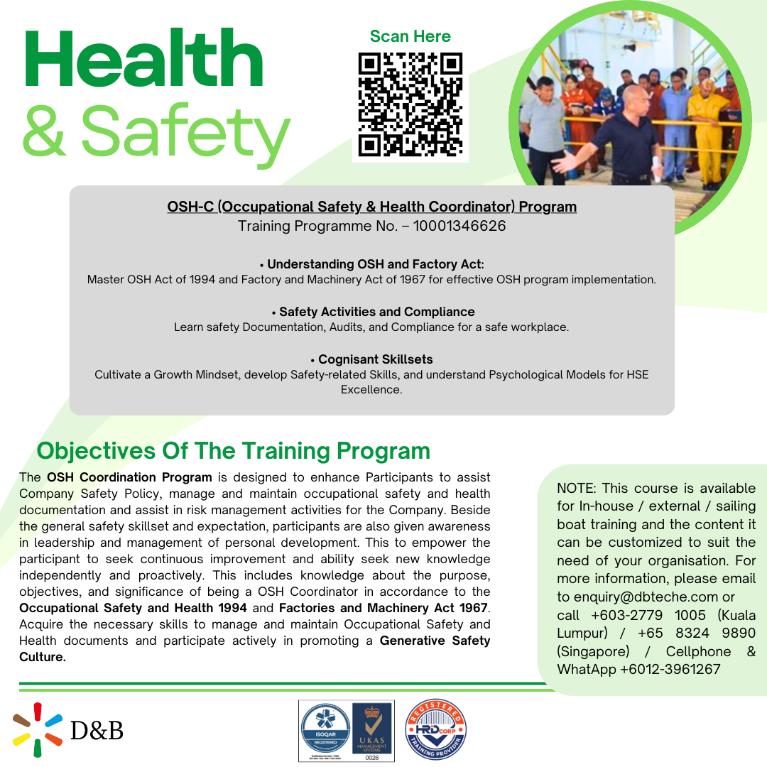 A poster for an Occupational Safety & Health Coordinator training program with the title "Health & Safety" and details about the course objectives and contact information.