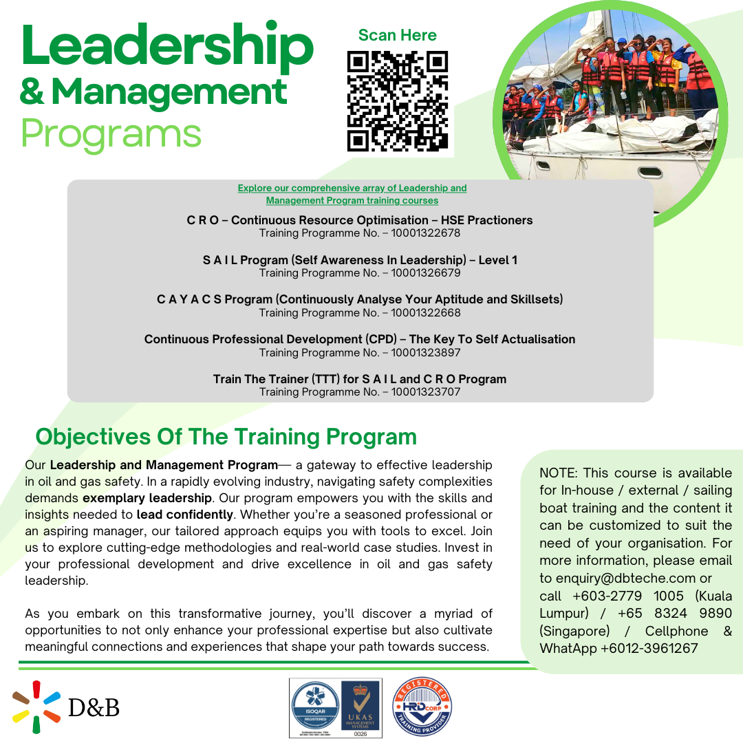 A flyer promoting Leadership & Management Programs, listing courses like CRO, SAIL, CAYACS, CPD, and TTT, with contact information and a picture of people on a sailboat.