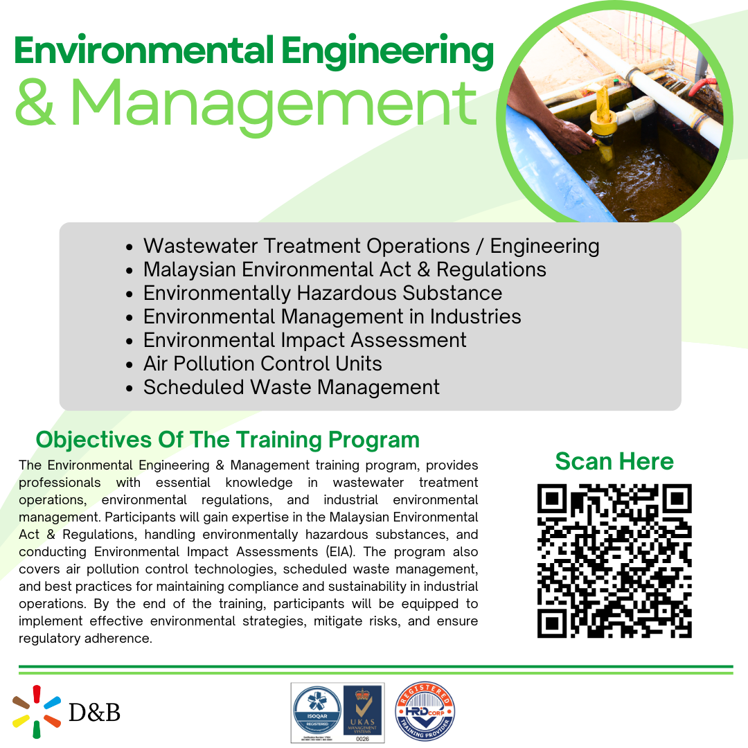 Promotional flyer for an Environmental Engineering & Management training program, detailing its objectives and course content. It includes a QR code for scanning and logos of D&B, UKAS, and other organizations.