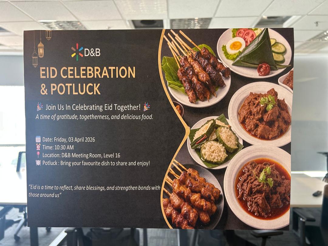 D&B Eid Celebration & Potluck invitation with details on date, time, and location. Features images of various delicious food items including satay and rendang.