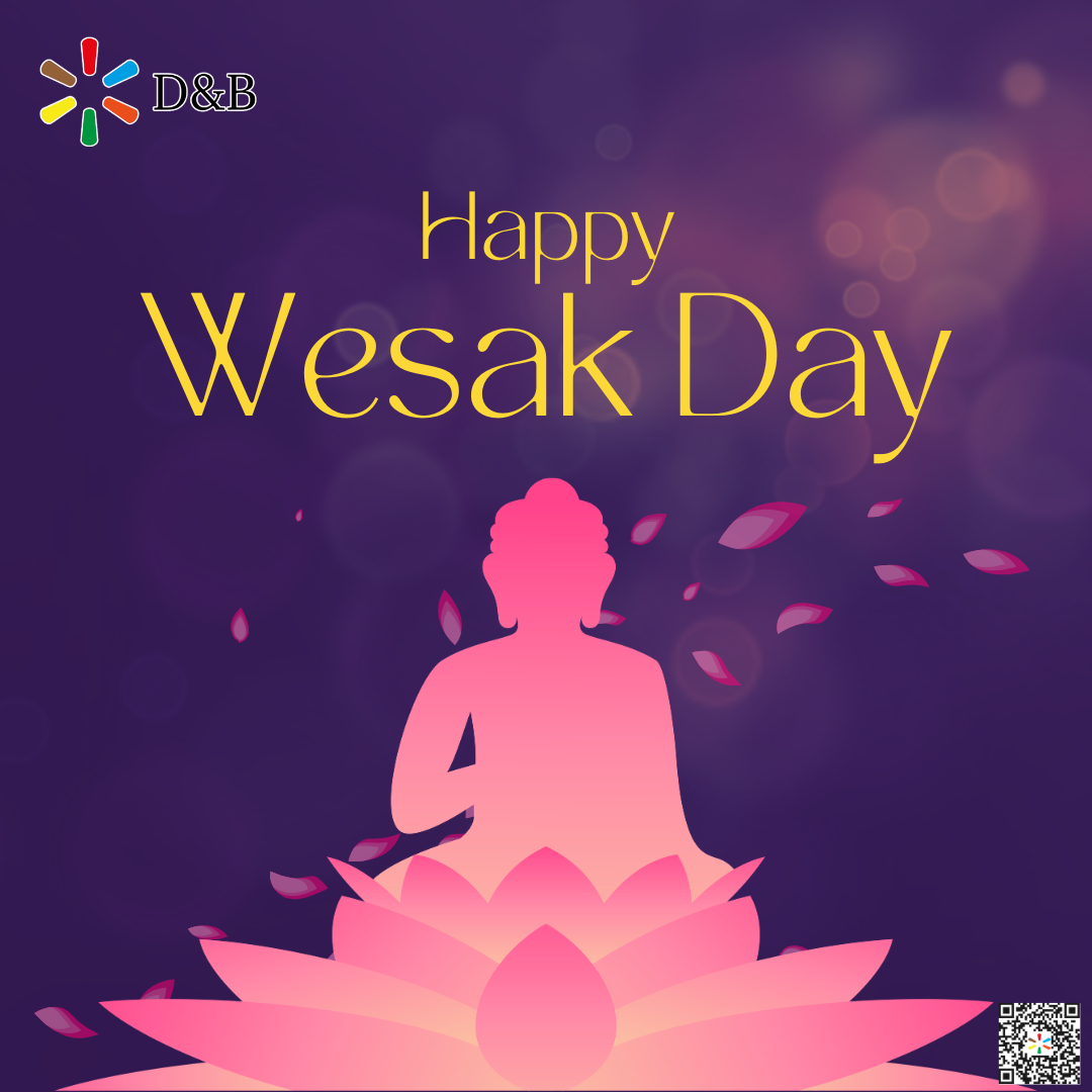 Wesak Day 2026 D&B Happy Wesak Day text over a silhouette of Buddha sitting on a lotus flower with falling petals.