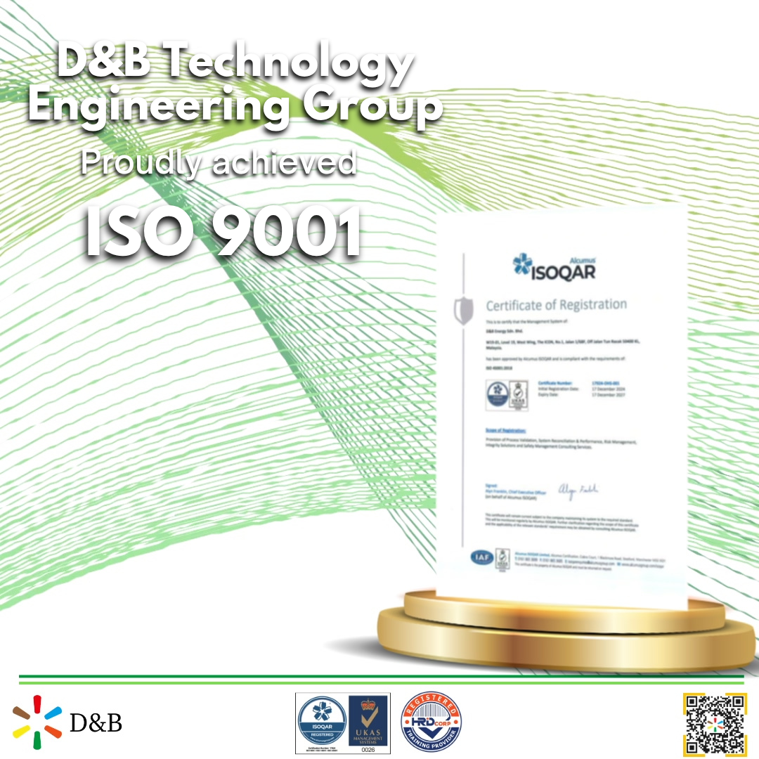 D&B Technology Engineering Group proudly achieved ISO 9001 certification, displayed on a certificate of registration from ISOQAR, presented on a gold pedestal.