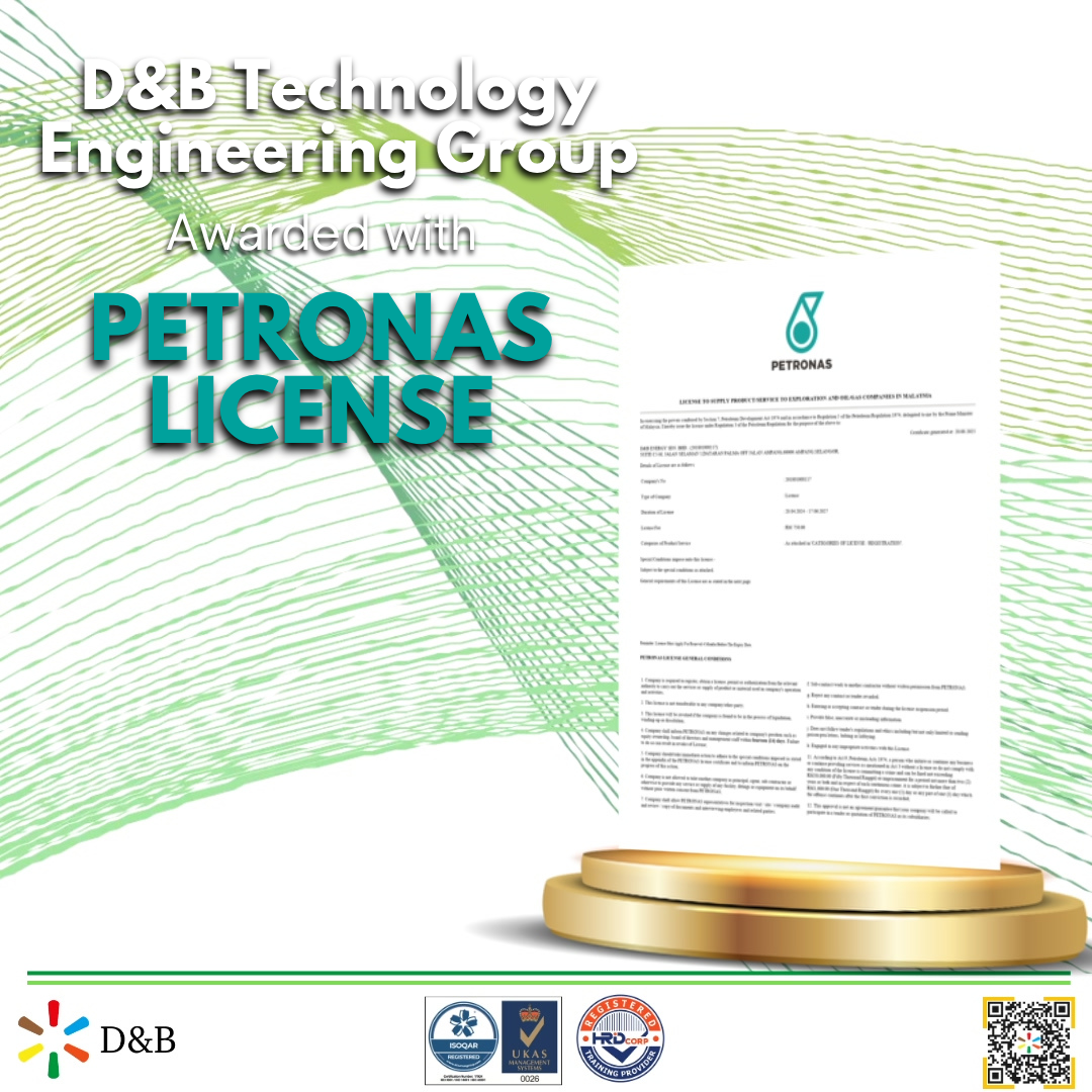 D&B Technology Engineering Group awarded a PETRONAS license, displayed on a certificate on a golden podium with a green abstract background.