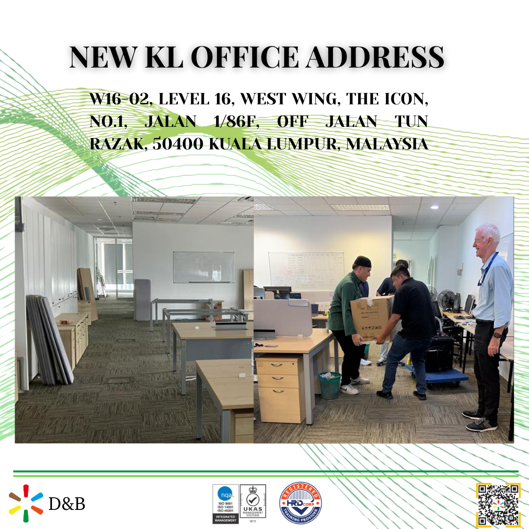 Collage of old office and staff moving boxes with text of new address. D&B Energy Sdn. Bhd. Office Relocation & Expansion.
